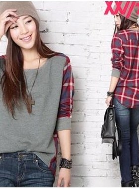 2016韩版拼接格子T恤女summer women t shirt casual blouse tops