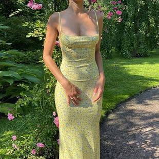 maxi 欧美外贸修身 dress sling bodycon 碎花吊带连衣裙长裙 sexy
