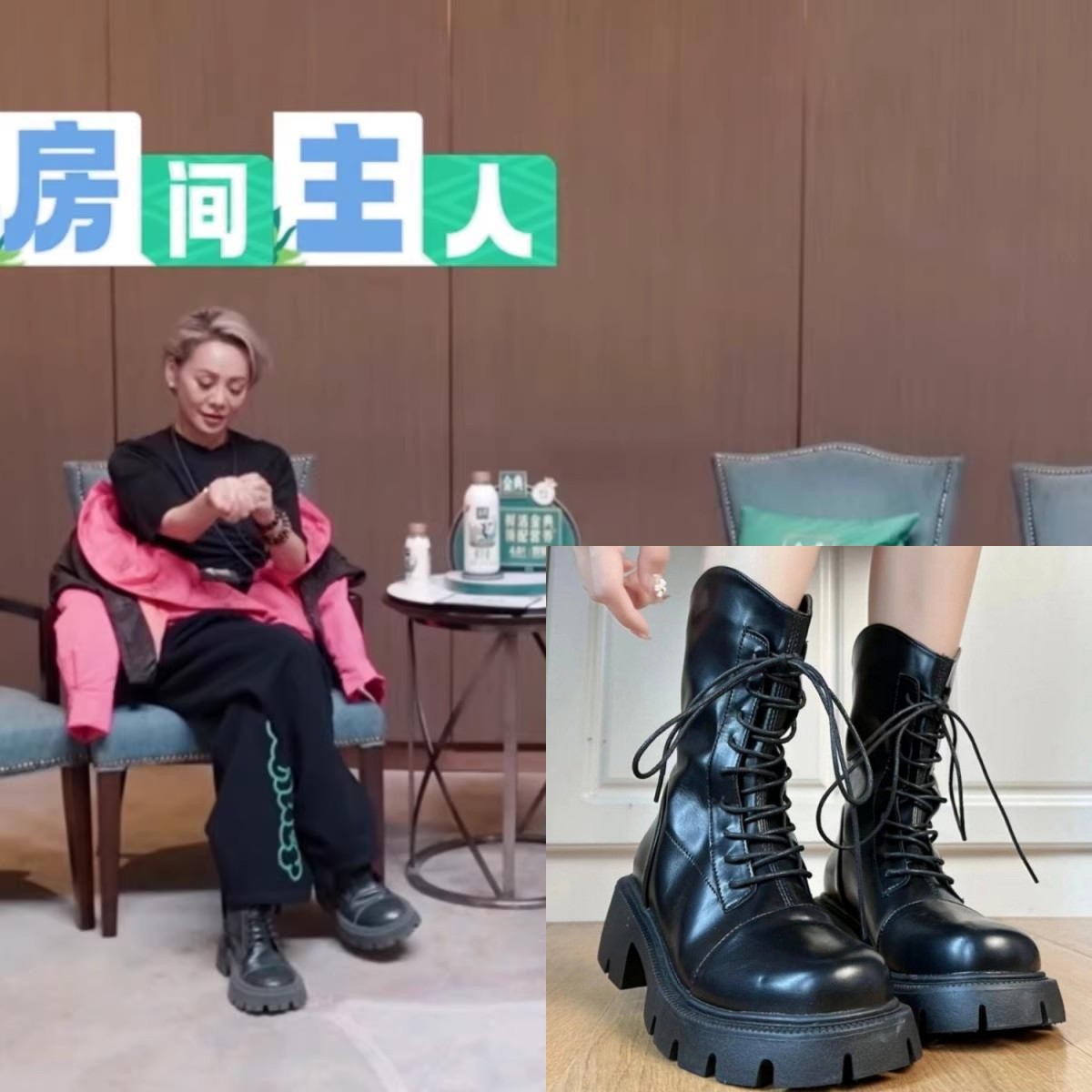 桃花坞宁静同款系带骑士靴粗跟短靴显瘦后拉链显脚小厚底马丁靴女