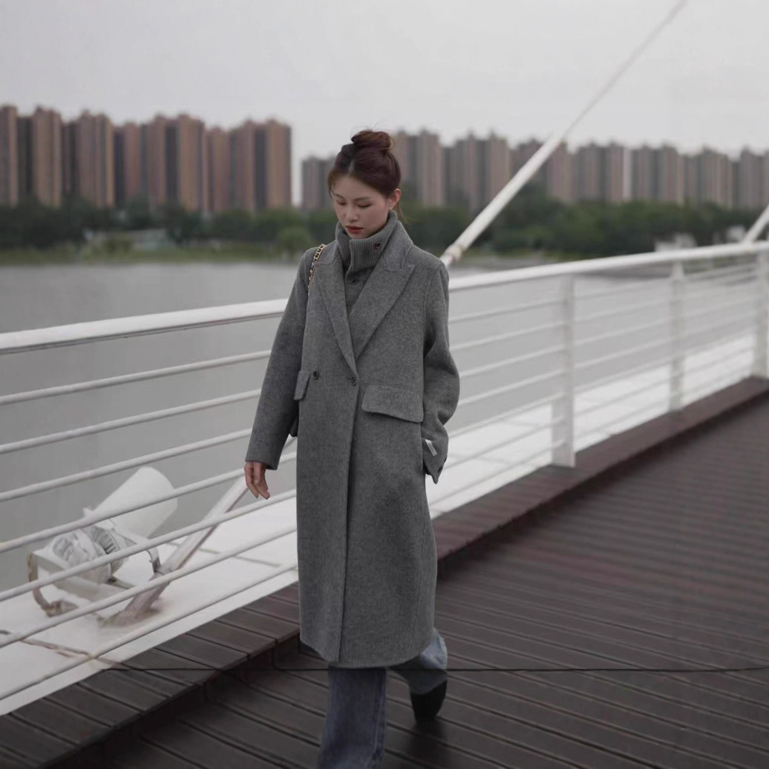 他为什么依然单身朱珠同款宽松中长款螺纹领两件套双面羊毛大衣女