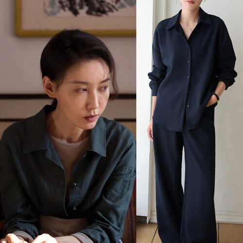 淬火年代钱宏英高露同款藏青色亚麻防晒衬衫套装女夏垂坠感阔腿裤