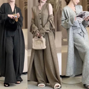 不期而遇的生活董璇同款宽松慵懒风阔腿裤毛衣马甲针织开衫三件套