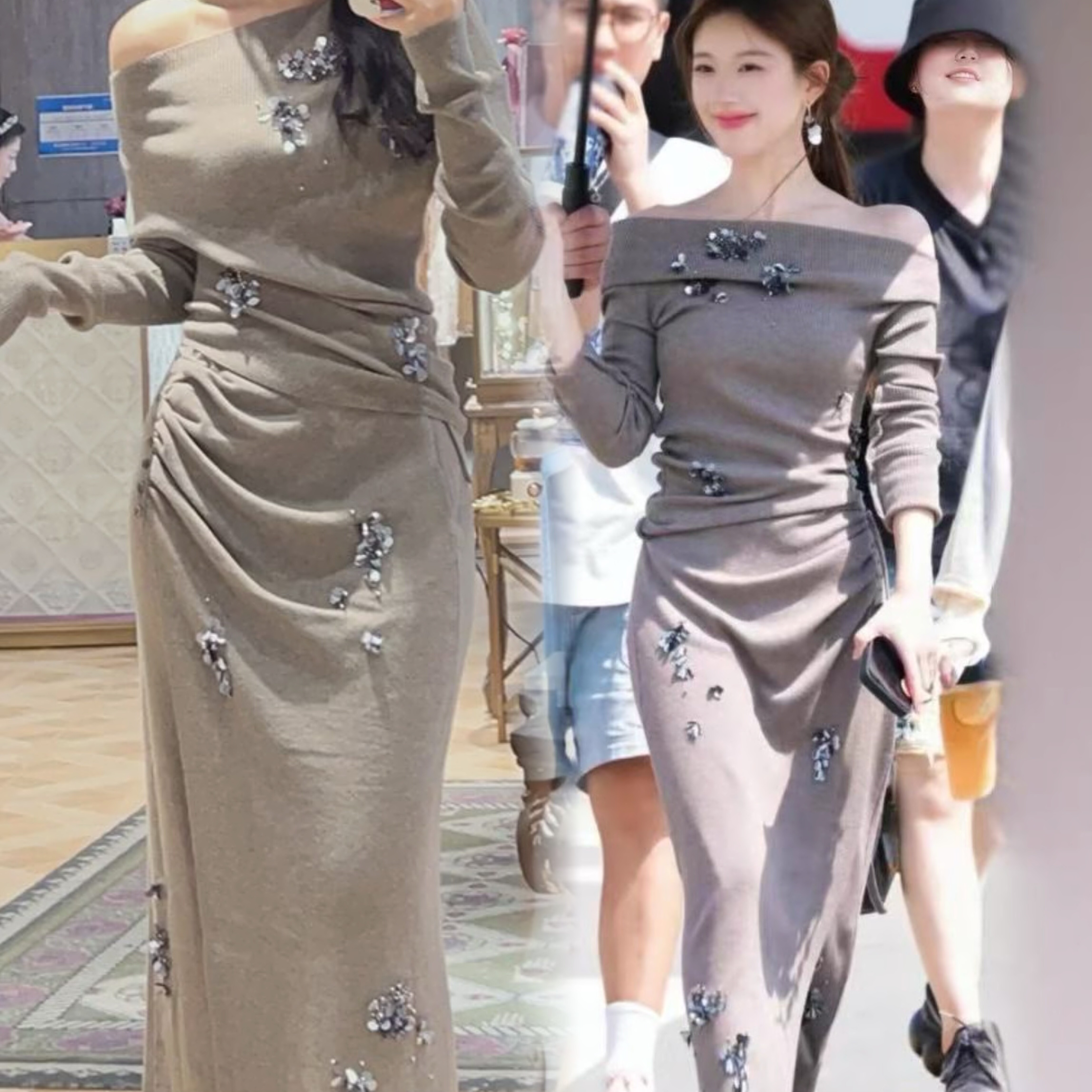 许我耀眼许妍赵露思同款斜肩修身休闲显瘦套头针织衫半身裙套装女