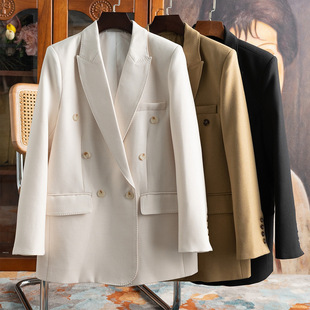 成家秦天越秦岚同款纯色单排扣手工拱针双排扣廓形丝毛西装外套女