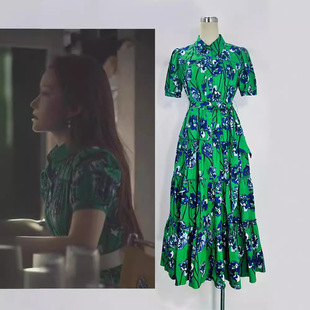 玫瑰的故事黄亦玫刘亦菲同款绿碎花衬衫印花高级感连衣裙夏季长裙