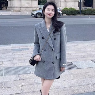 新闻女王文慧心佘诗曼同款短款西装外套长毛双面羊绒羊毛呢大衣女