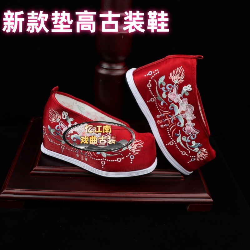 绣花鞋子汉服鞋子女古风绑带弓鞋内增高古装翘头履厚底高跟绣花鞋