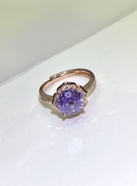 紫色四叶草玫瑰切2克拉戒指活口18k玫瑰金厚镀