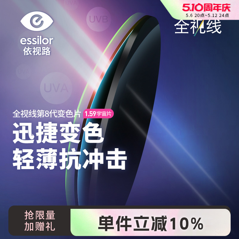 依视路全视线T8变灰色镜片钻晶膜洁膜岩A4膜御膜致可选1.60薄2片