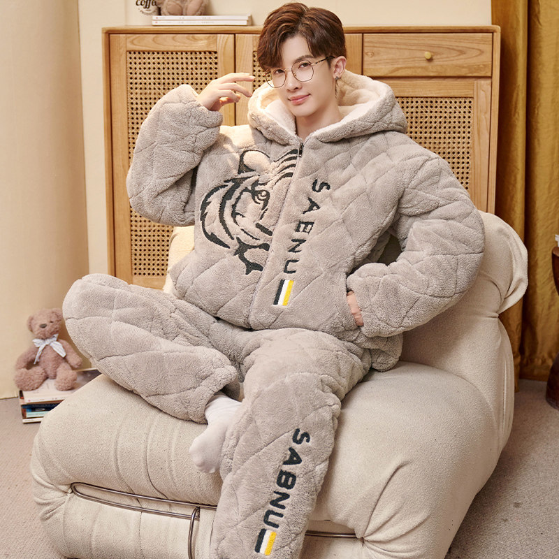 睡衣男冬季珊瑚绒夹棉三层加厚加绒特厚青少年男士外穿家居服套装
