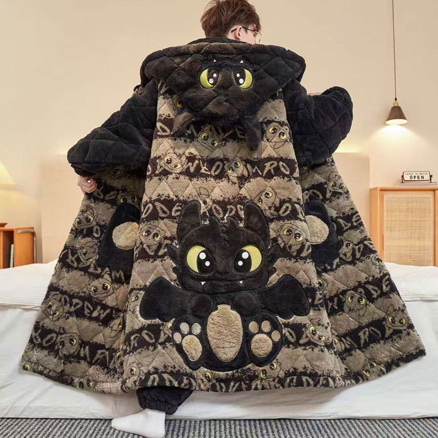 冬季男士珊瑚绒特厚三层夹棉睡衣