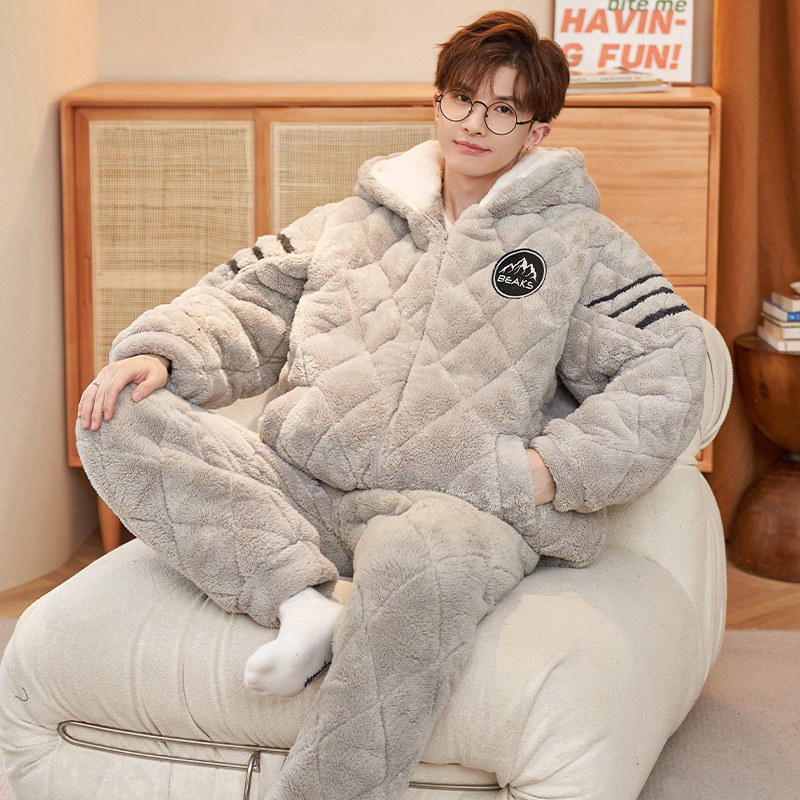 睡衣男三层夹棉冬季加厚加绒保暖珊瑚绒秋冬款男士家居服拉链连帽,女士内衣/男士内衣/家居服,睡衣/家居服套装,淘宝优惠券,粉丝福利购,淘宝优惠卷
