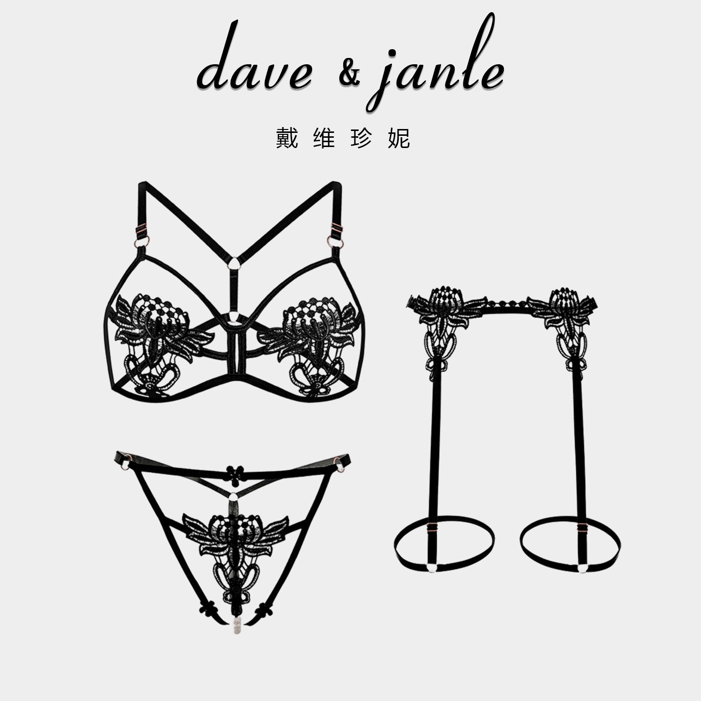 DAVE JANIE法式刺绣性感三点式文胸套装纯欲开档免脱透视诱惑内衣