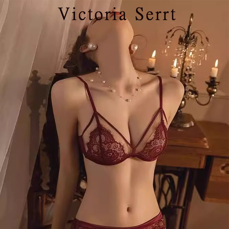 维多利亚法式性感蕾丝红内衣女薄款镂空透视小胸聚拢纯欲文胸套装