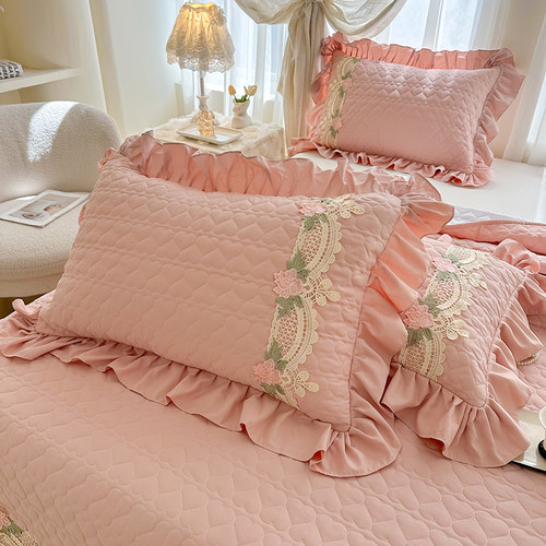 夹棉枕套四季通用刺绣花边一对装