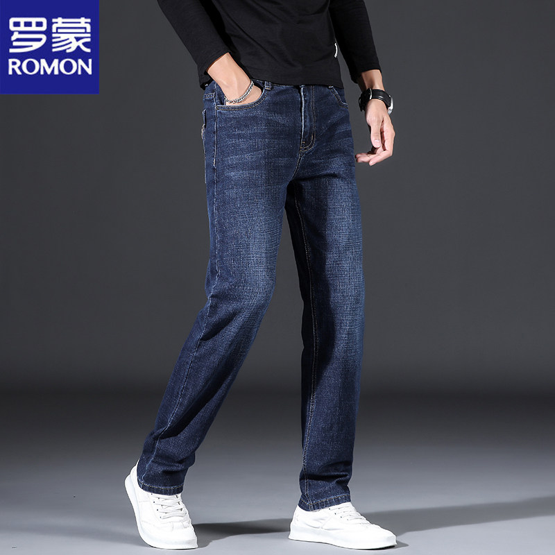 罗蒙男士牛仔裤秋冬季加绒加厚直筒裤子中年宽松显瘦休闲百搭男裤