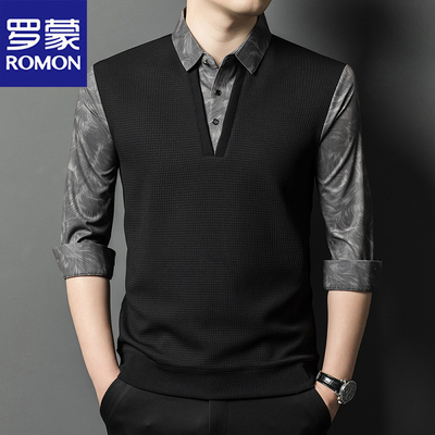 罗蒙春秋新款男士假两件长袖t恤