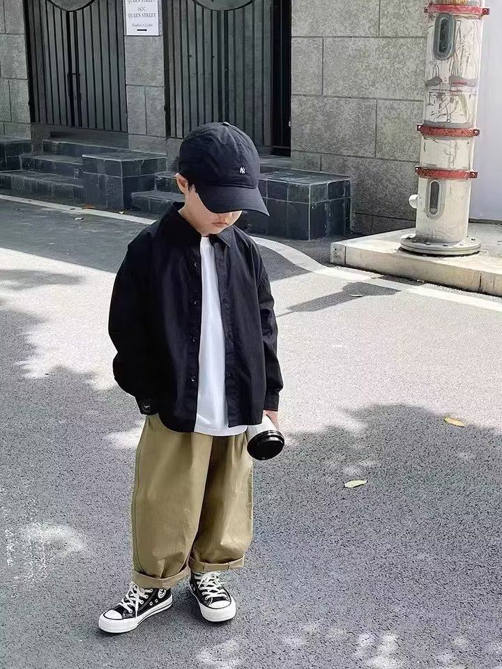 男童中大童春秋款宽松嘻哈街舞纯色日系黑衬衫儿童装上衣开衫衬衣