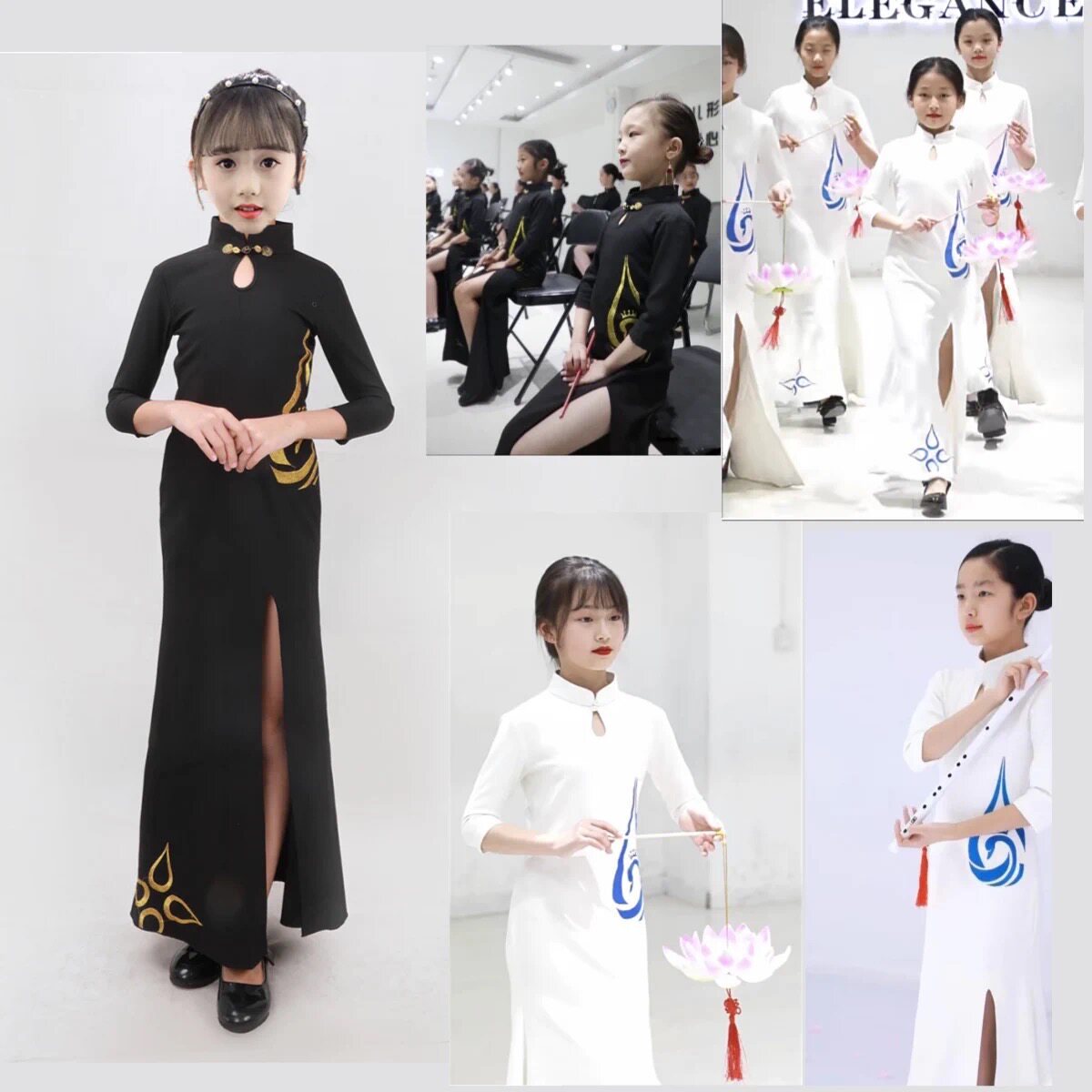 少儿旗袍儿童形体礼仪训练服女童模特T台走秀旗袍裙中国风演出服