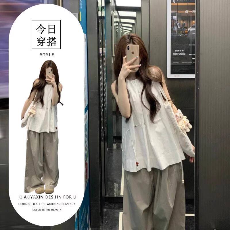 法式气质中长款白色抽绳收腰无袖衫衬衫女夏季高级感裤子两件套装