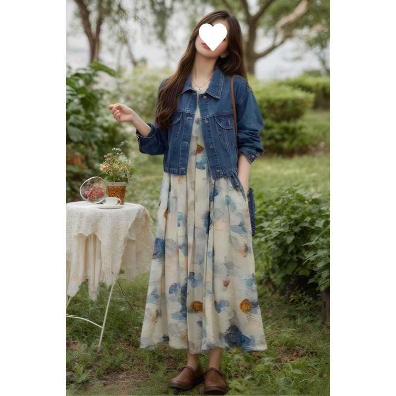 2026春季新款女装小香风温柔气质牛仔外套搭配碎花连衣裙两件套装