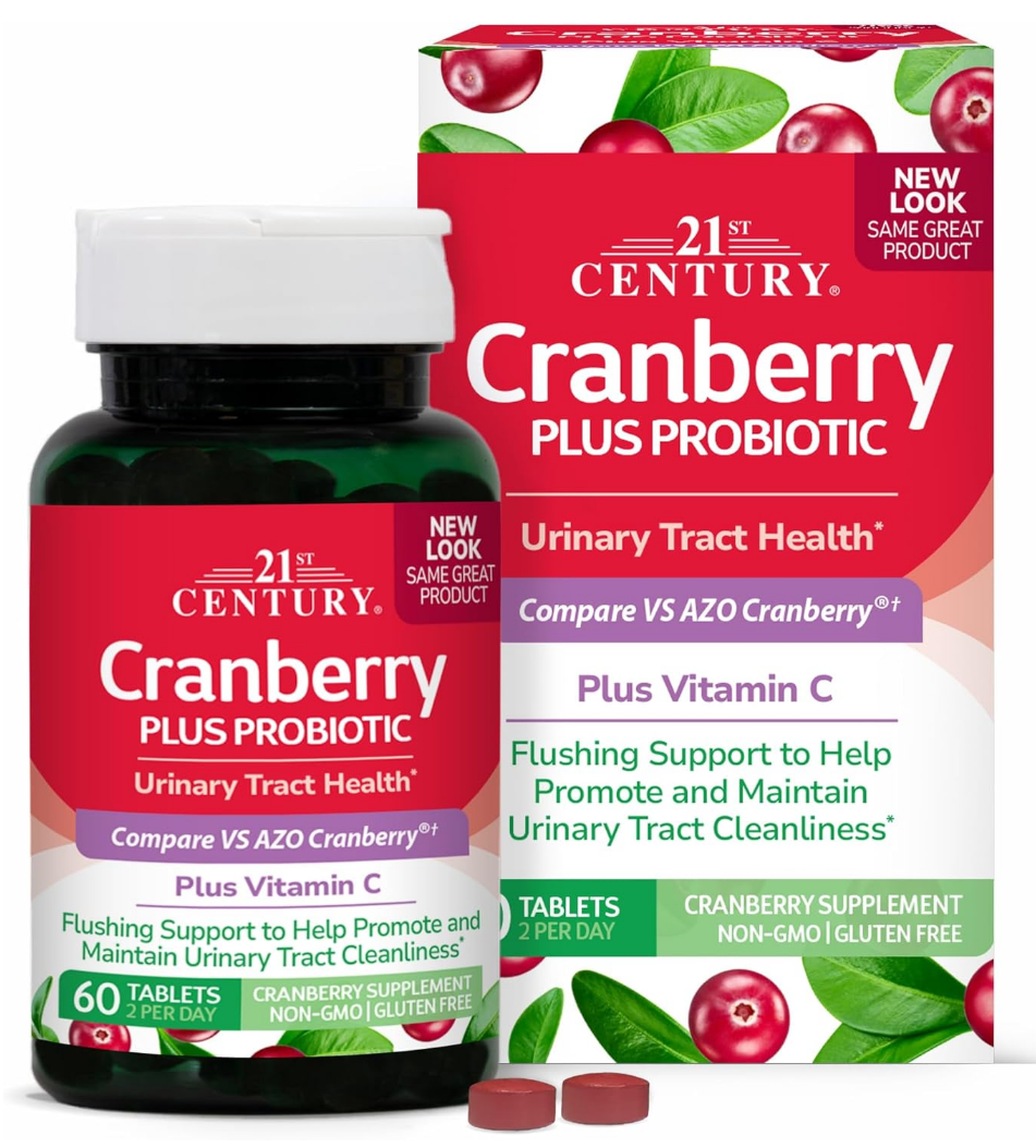 21st Century蔓越莓益生菌泌尿系统健康片加入维生素C和钙60片