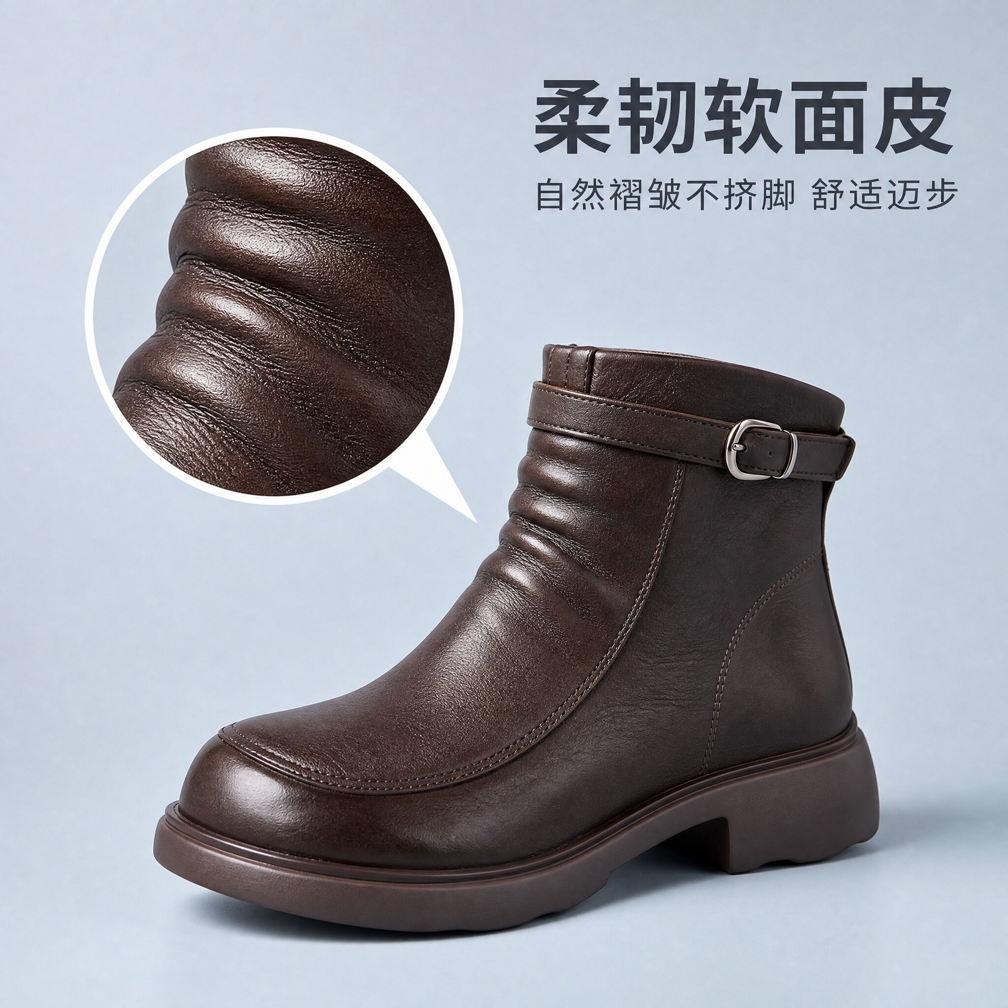 美丹王秋季女粗跟搭扣马丁短靴