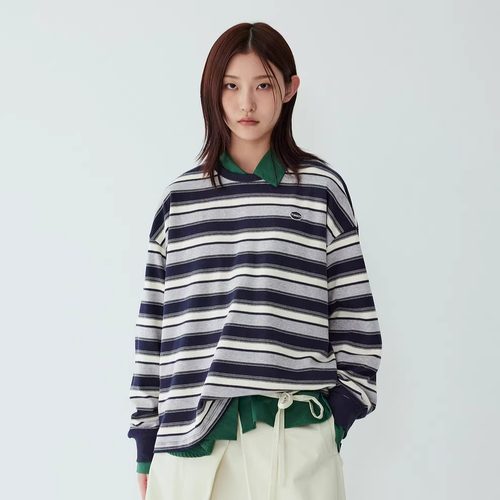 STUDIO TOMBOY 条纹 T 恤 女宽松均码撞色领口徽章装饰日常百搭