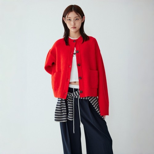 STUDIO TOMBOY 秋冬款配色亮点圆领开衫 女羊毛混纺通勤开衫