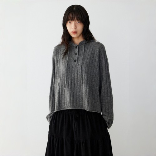 STUDIO TOMBOY 连帽纽扣套头毛衣 女羊毛混纺宽松通勤休闲针织衫