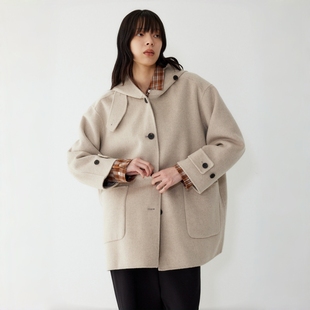 STUDIO TOMBOY 2025 秋冬手工连帽羊毛混纺半大衣 燕麦色宽松外套