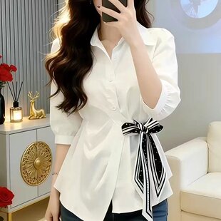 罗芬面料故事女装春季新款时尚百搭设计感丝巾飘带收腰衬衫