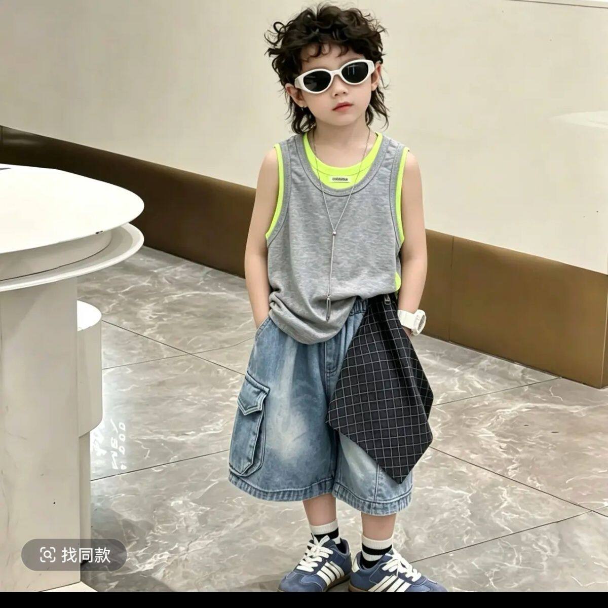男童背心套装2026新款儿童潮酷夏季薄款牛仔中裤男孩夏装无袖衣服