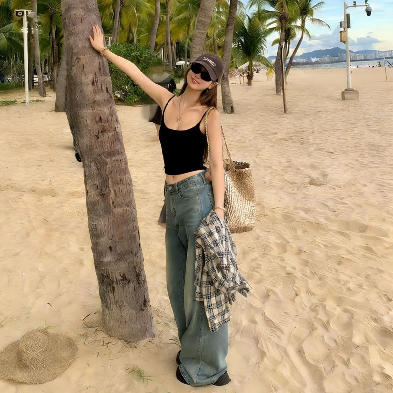 夏季高腰阔腿牛仔裤茶系一整套穿搭小个子显瘦垂感复古直筒两件套
