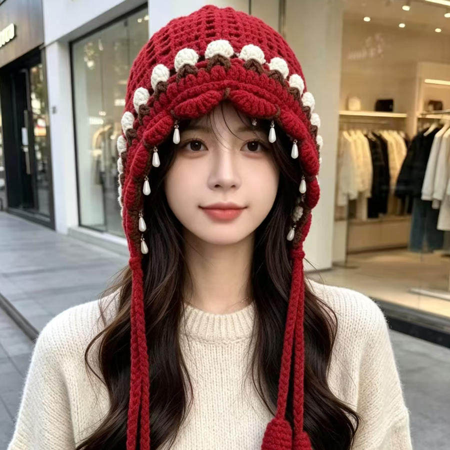 秋冬保暖手工珍珠流苏针织帽女