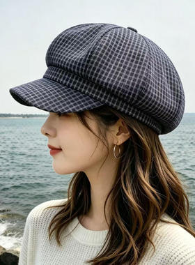 复古格纹显脸小大头围贝雷帽女