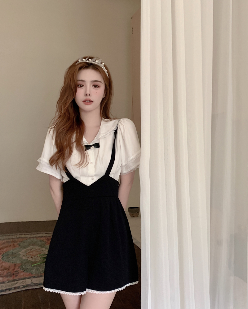 French retro court style short sleeve shirt and suspender two piece suit