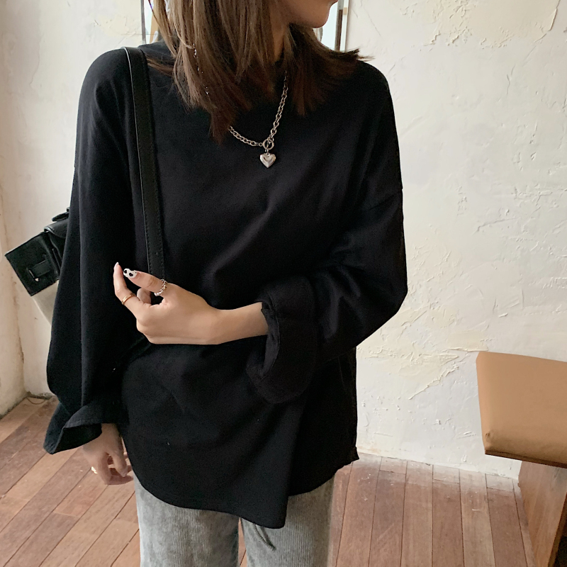 Real price shirt sleeve crew neck T-shirt ~ loose ins solid color Pullover button long sleeve versatile T-shirt