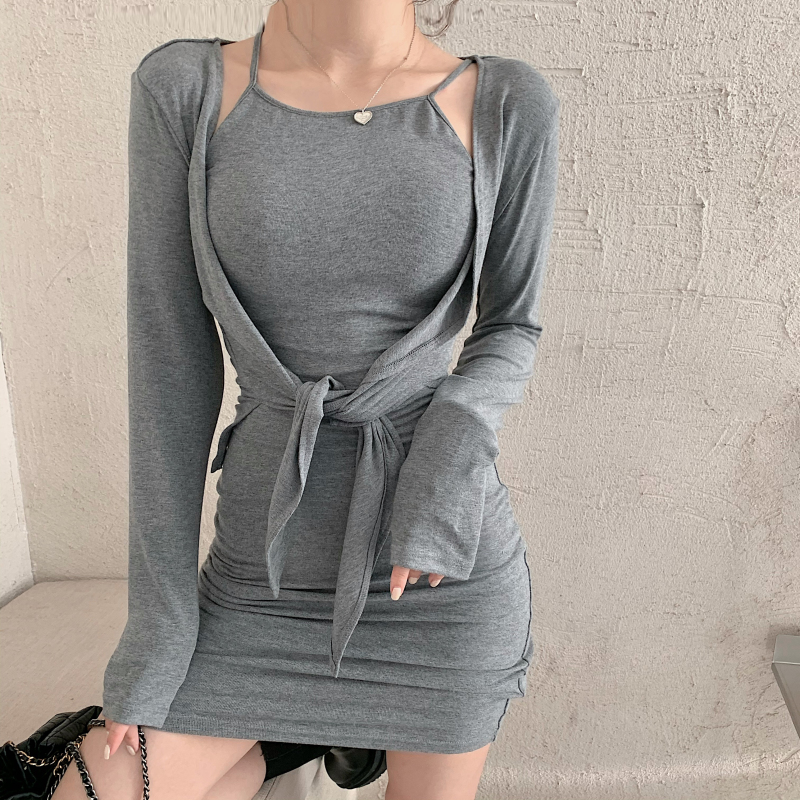 Real price minimalist series slim sexy suspender skirt + bandage cardigan two piece set