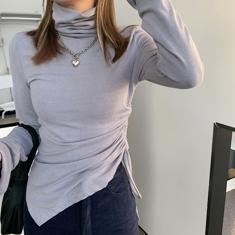 Real price irregular cut overlapping bow tie design split drawstring pile collar base shirt