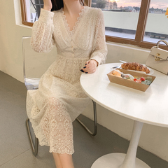 Real price V-neck gentle retro lace dress slim holiday Fairy Dress