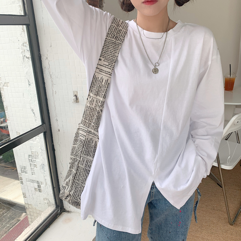 Real shot real price basic irregular slit long sleeve loose slim off shoulder casual T-shirt