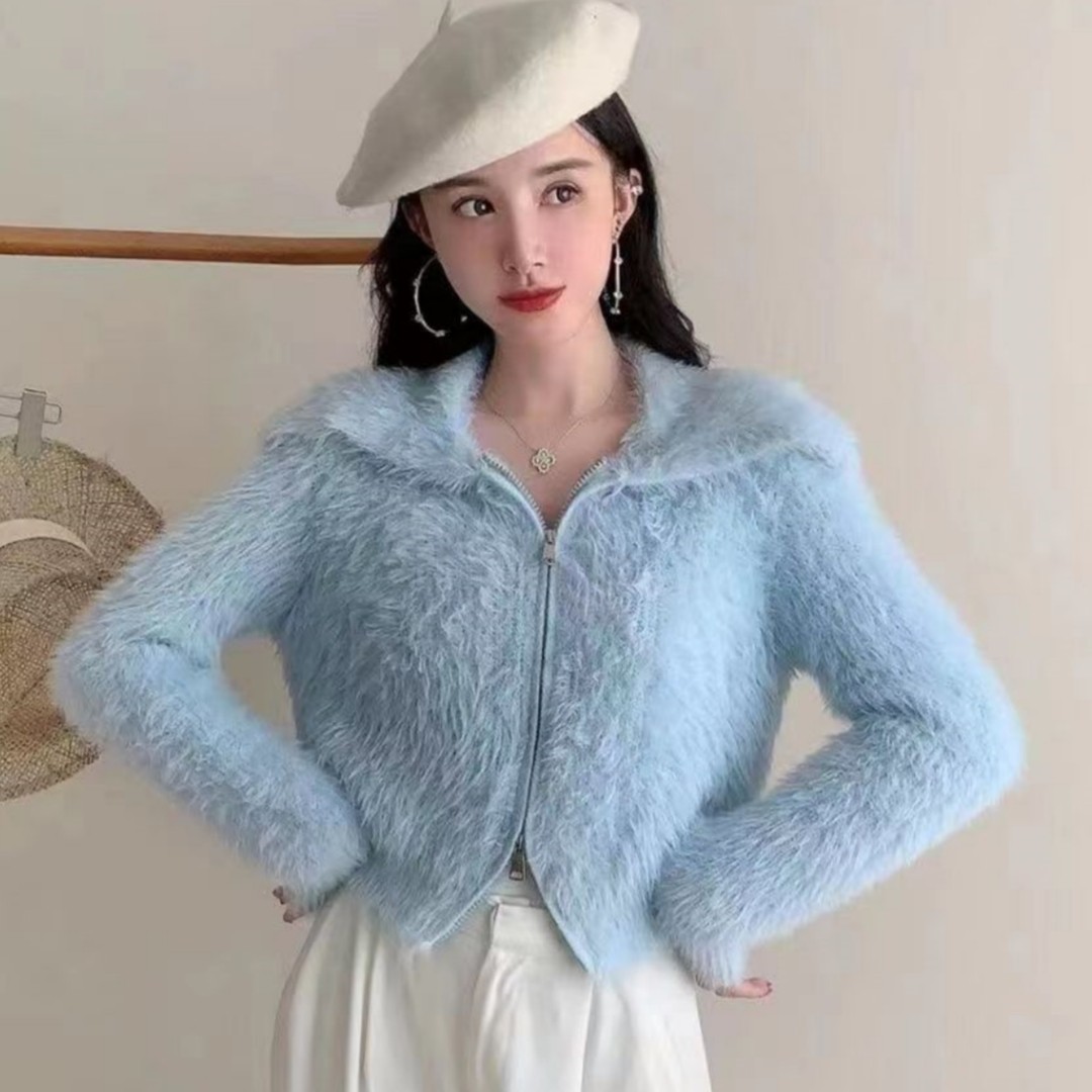 翻领宽松高领拉链毛衣女春秋宽松百搭毛绒绒针织开衫外套上衣潮,女装/女士精品,毛衣,淘宝优惠券,粉丝福利购,淘宝优惠卷