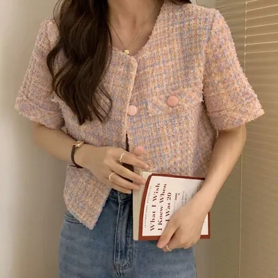高级感时髦洋气韩系小香风粗花呢短袖外套女夏季甜美别致短款上衣