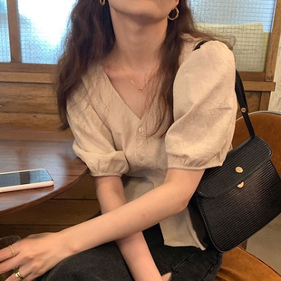 高级感法式复古别致小众气质短款v领泡泡短袖棉麻衬衫上衣女夏季