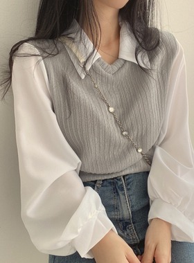 白色灯笼袖假两件polo领衬衫叠穿马甲春装夏季洋气漂亮小衫上衣女