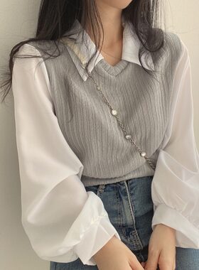 白色灯笼袖假两件polo领衬衫叠穿马甲春装夏季洋气漂亮小衫上衣女