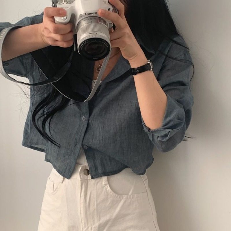 短款长袖衬衫女夏季冷淡韩系高级感宽松chic防晒衫空调上衣外套式