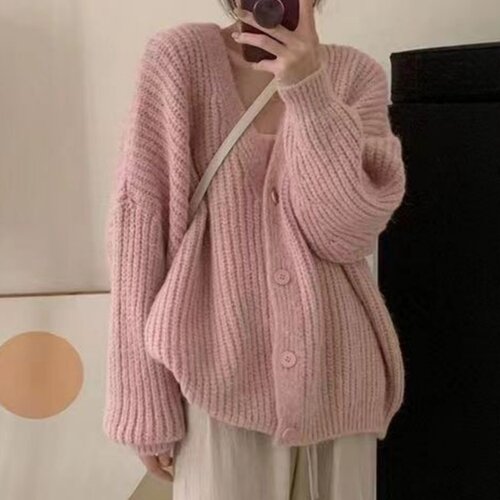 韩系粉色长袖开衫毛衣女早秋季2026新款宽松慵懒高级感针织衫上衣