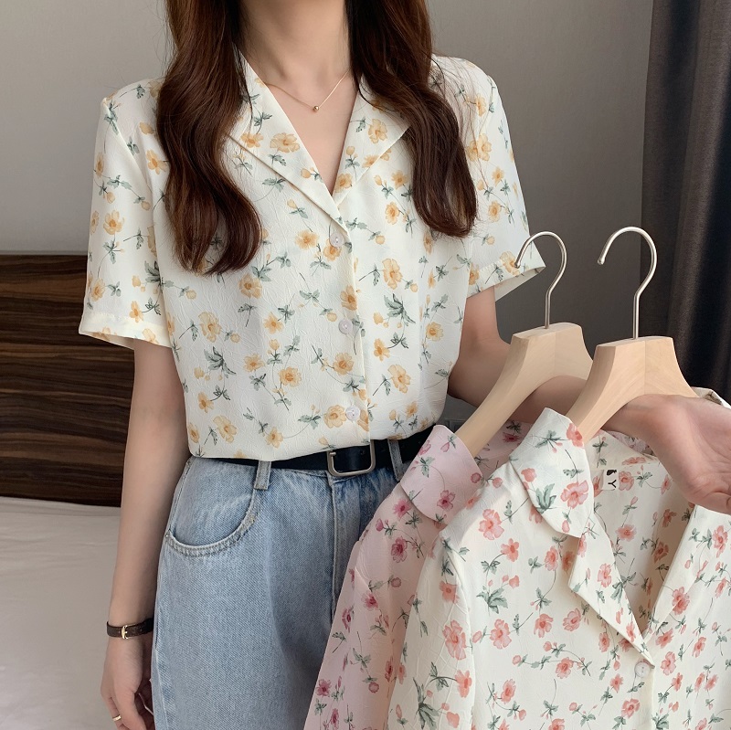 2025夏季新款港风宽松小清新碎花雪纺衬衫女短袖时尚洋气百搭上衣